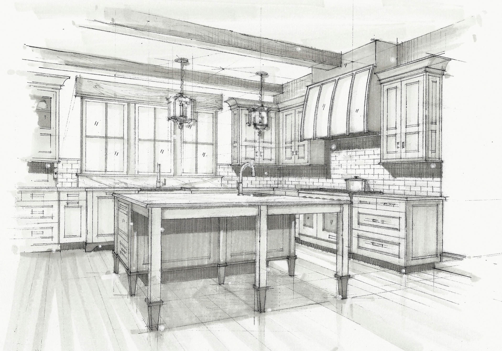 A kitchen with an island and cabinets in it