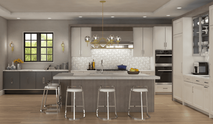 A kitchen with white cabinets and wooden floors.