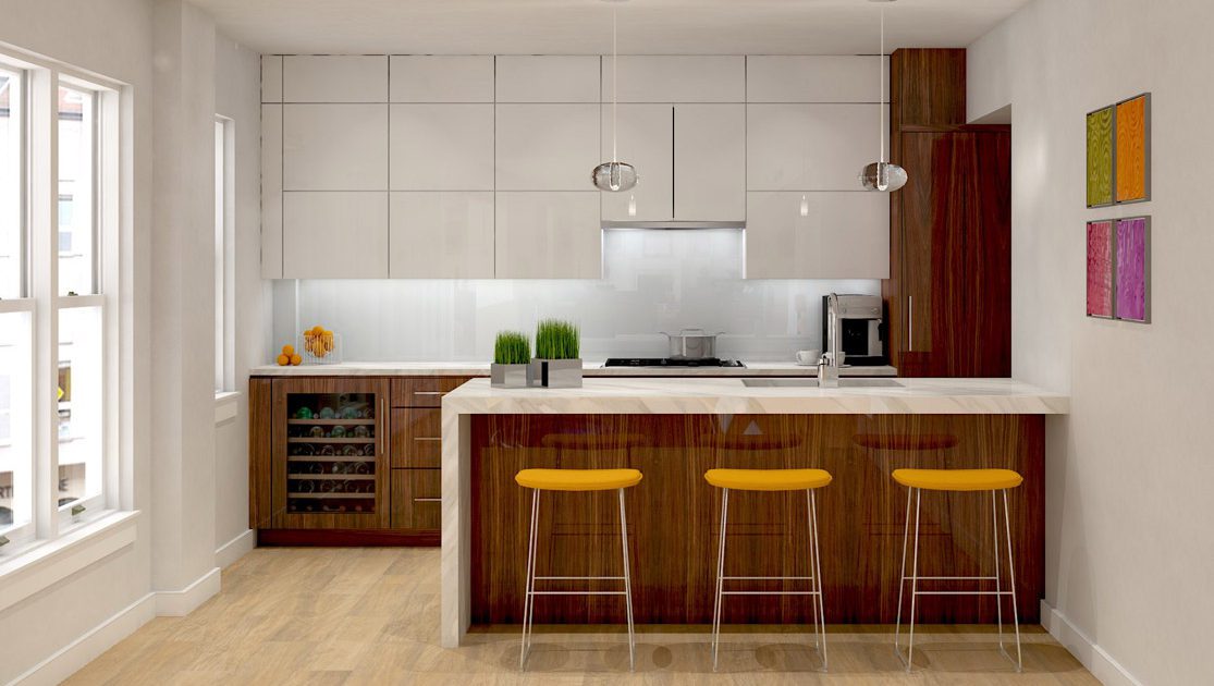 A kitchen with a counter and stools in it