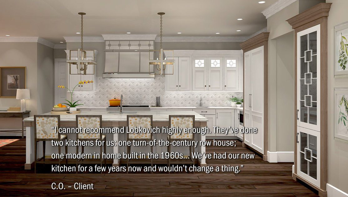 A kitchen with white cabinets and wooden floors.