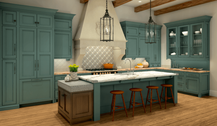 A kitchen with blue cabinets and wooden floors.