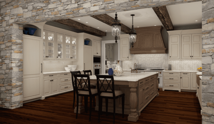 A kitchen with a large island and wooden chairs.