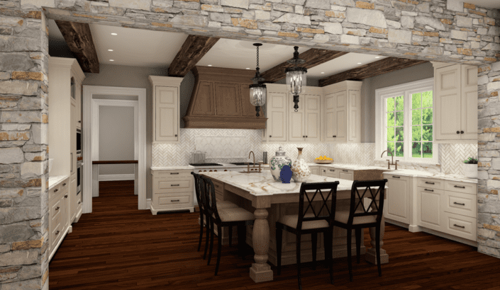 A kitchen with a table and chairs in it