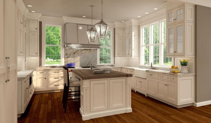 A kitchen with white cabinets and wood floors.