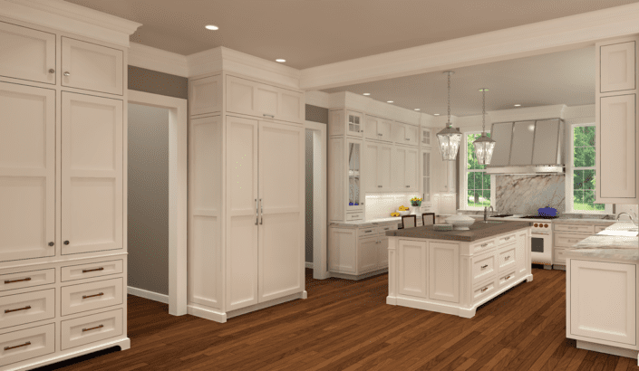 A kitchen with white cabinets and wood floors.