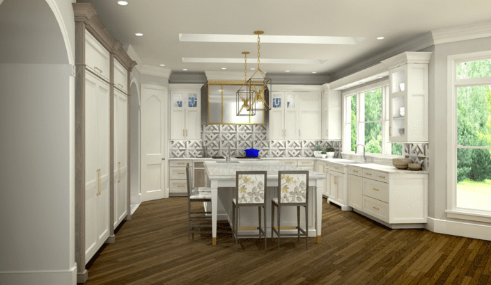 A kitchen with white cabinets and wooden floors.