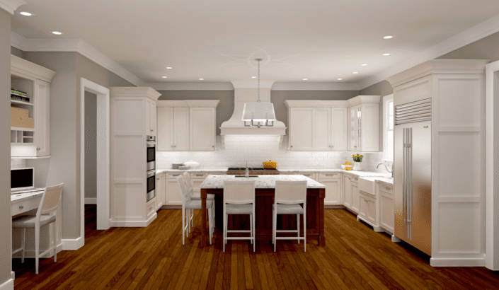 A kitchen with white cabinets and wood floors.