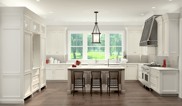 A kitchen with white cabinets and wooden floors.