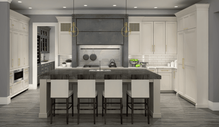 A kitchen with a large island and white cabinets.