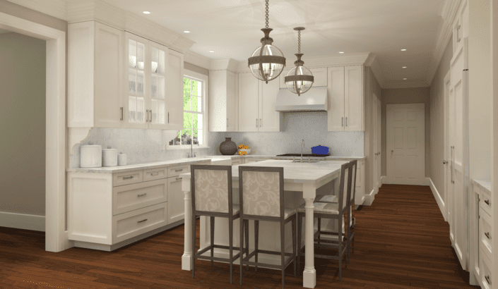 A kitchen with white cabinets and wooden floors.