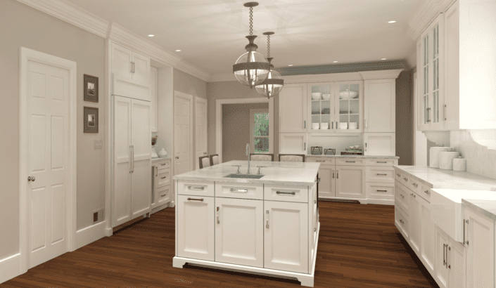 A kitchen with white cabinets and wood floors.