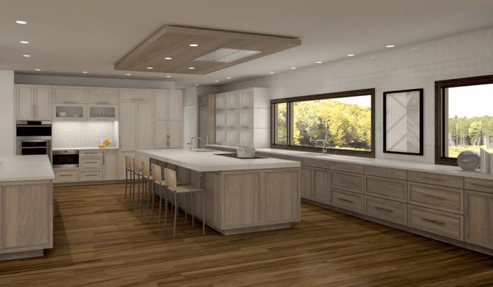 A kitchen with a large island and wooden floors.