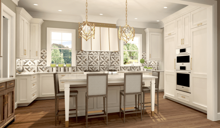 A kitchen with white cabinets and a table