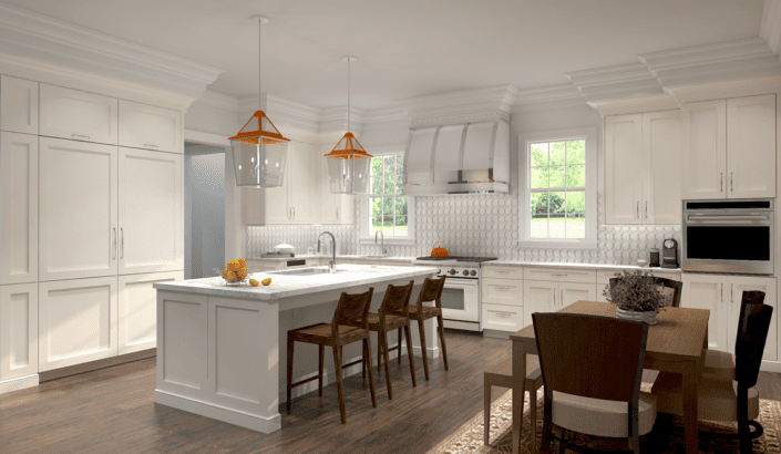 A kitchen with white cabinets and wooden floors.