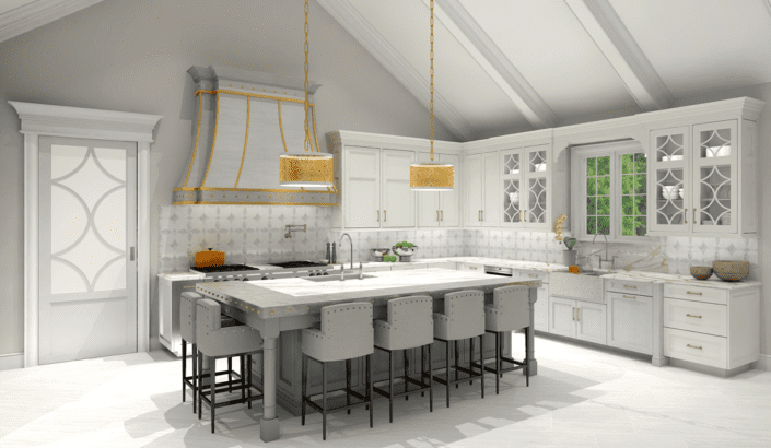 A large kitchen with white cabinets and a big island