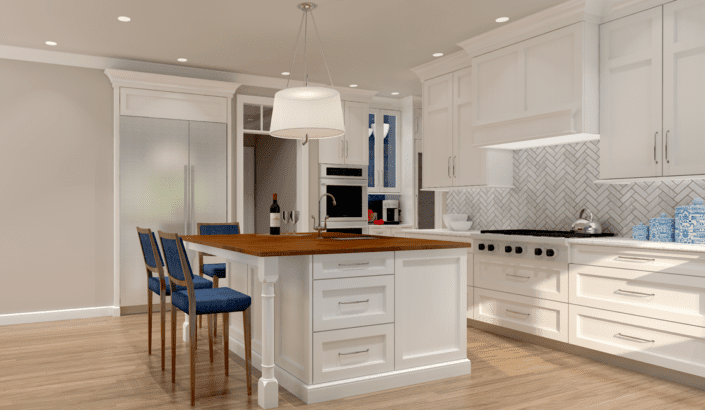 A kitchen with white cabinets and blue chairs.