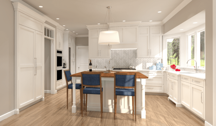 A kitchen with blue chairs and white cabinets