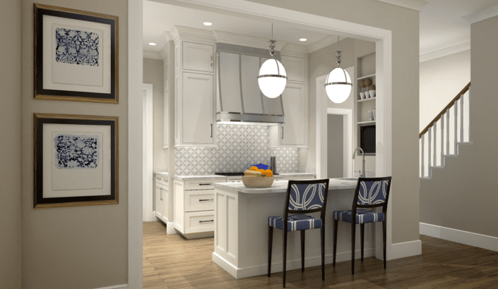 A kitchen with white cabinets and blue chairs.