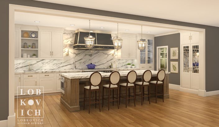 A kitchen with a large island and wooden floors