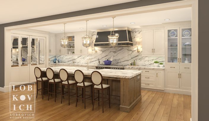 A kitchen with white cabinets and wooden floors.