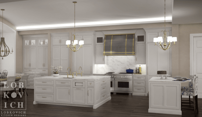 A kitchen with white cabinets and wooden floors.