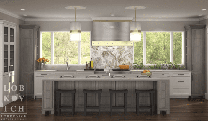 A kitchen with a large island and lots of counter space.