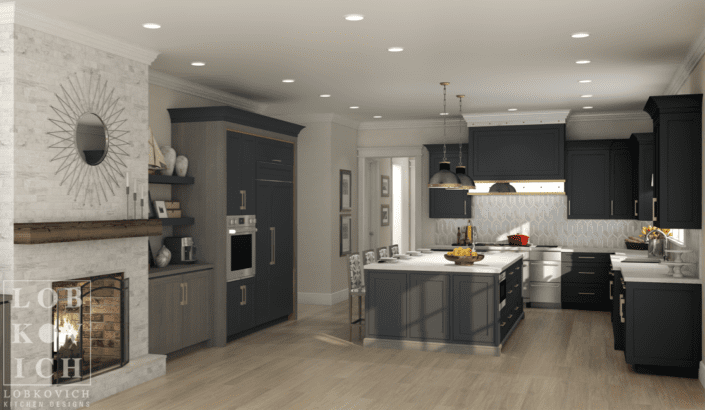 A kitchen with an island and cabinets in it