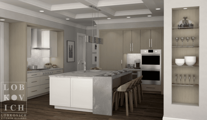 A kitchen with white cabinets and wooden floors.