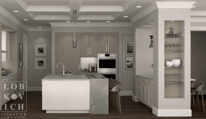 A kitchen with white cabinets and wood floors.