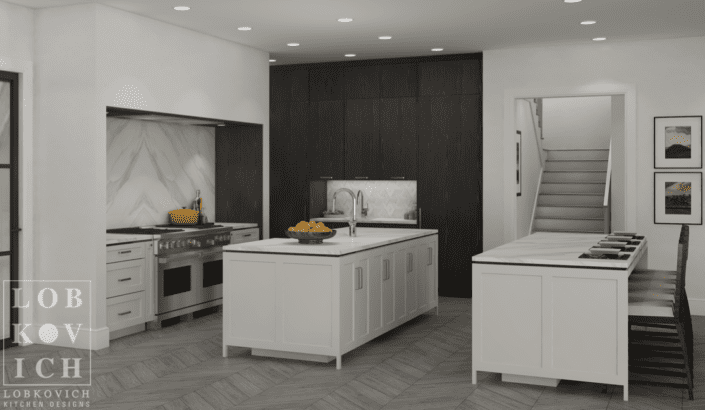 A kitchen with white cabinets and black walls.