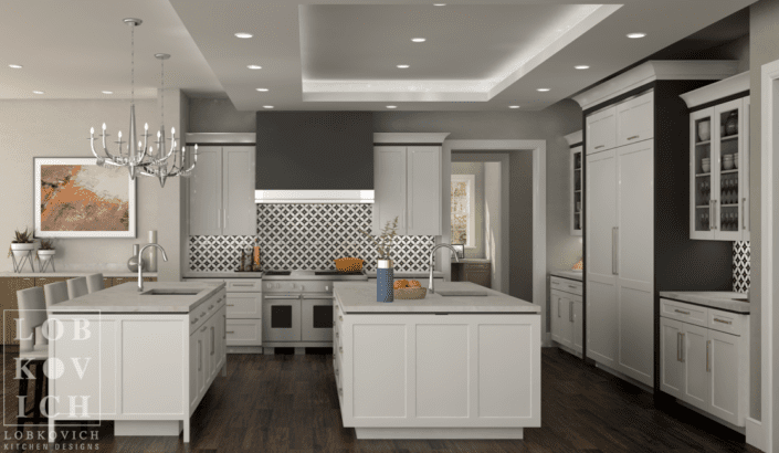 A kitchen with white cabinets and wood floors.