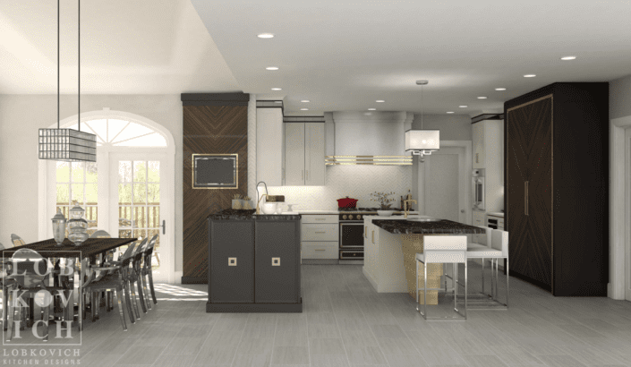 A kitchen with white cabinets and black counter tops.