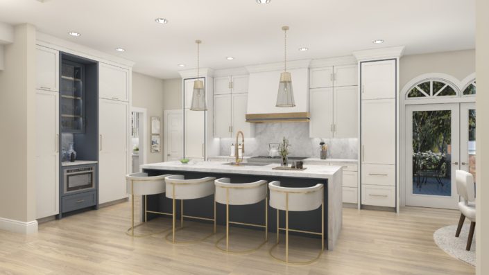 A kitchen with white cabinets and black chairs.