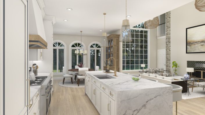 A large kitchen with marble counter tops and white cabinets.