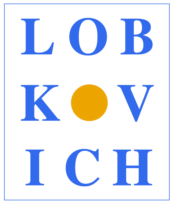 A blue and white logo with the letters lob kovich