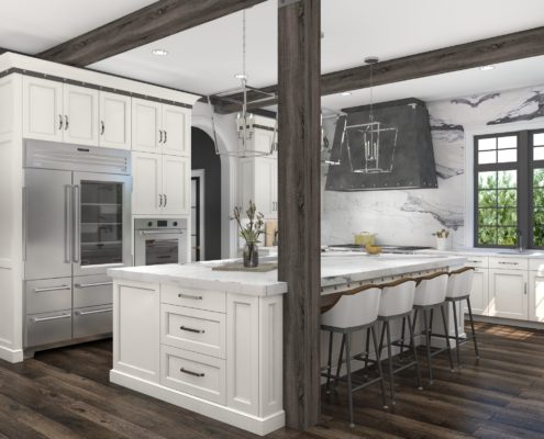 A kitchen with white cabinets and wood floors.