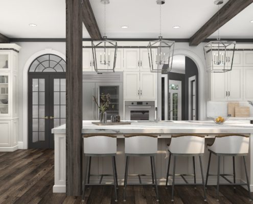 A kitchen with white walls and wooden floors.