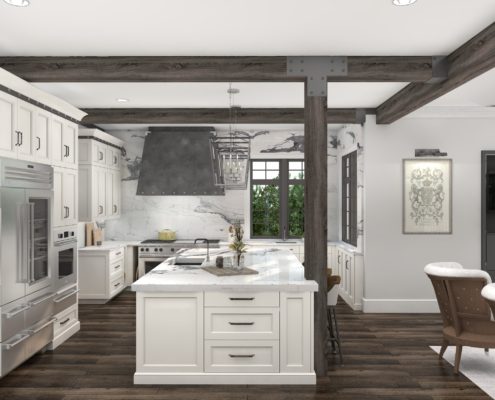 A kitchen with white cabinets and wood floors.