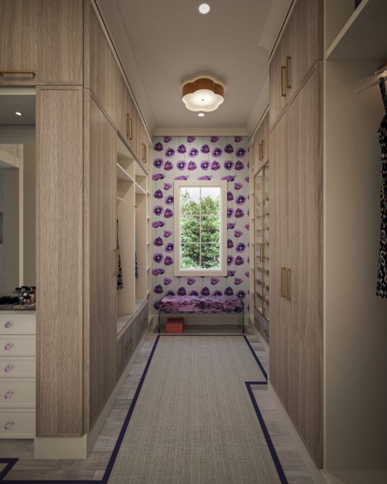 A hallway with a window and purple wallpaper.